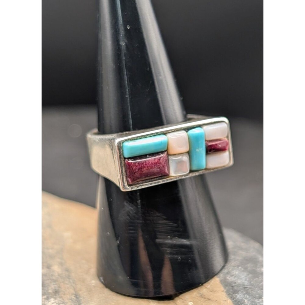 Sterling Silver Inlay Ring • Turquoise & MOP • Size 8 • Southwest Mosaic • 925 S